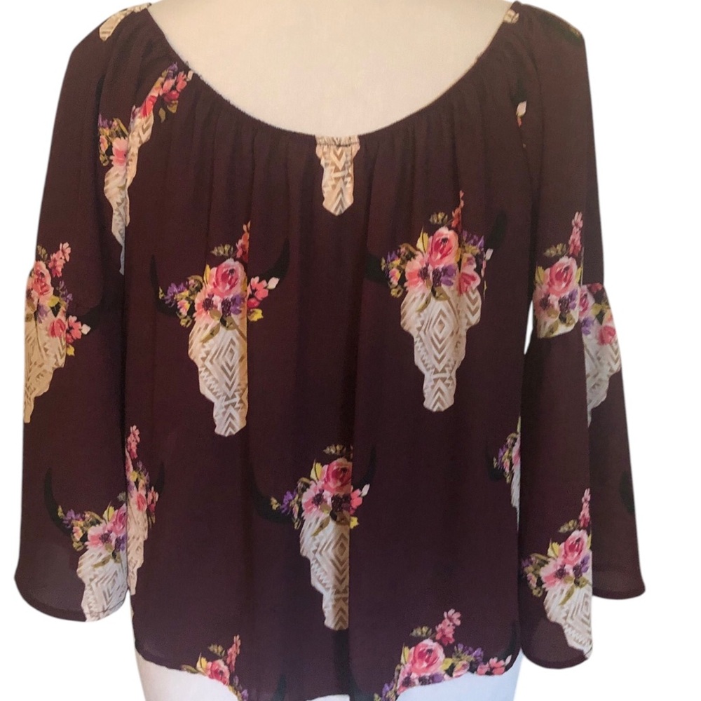 altar’d state boho blouse tie front bell sleeve with ruffle crop length floral